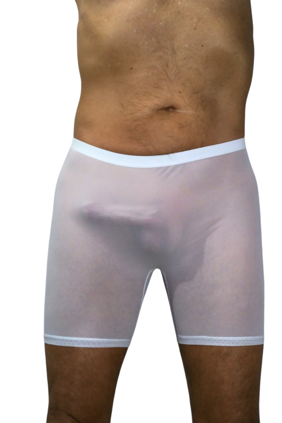 Bodywear for Men Ultra Sheer High Waist Boxer Shorts #BfM-1042 made from a fine poly blend sheer material. Our Sheer Boxer shorts sit high on your waist, 4' long legs, seamless front with a center seamed rear in White