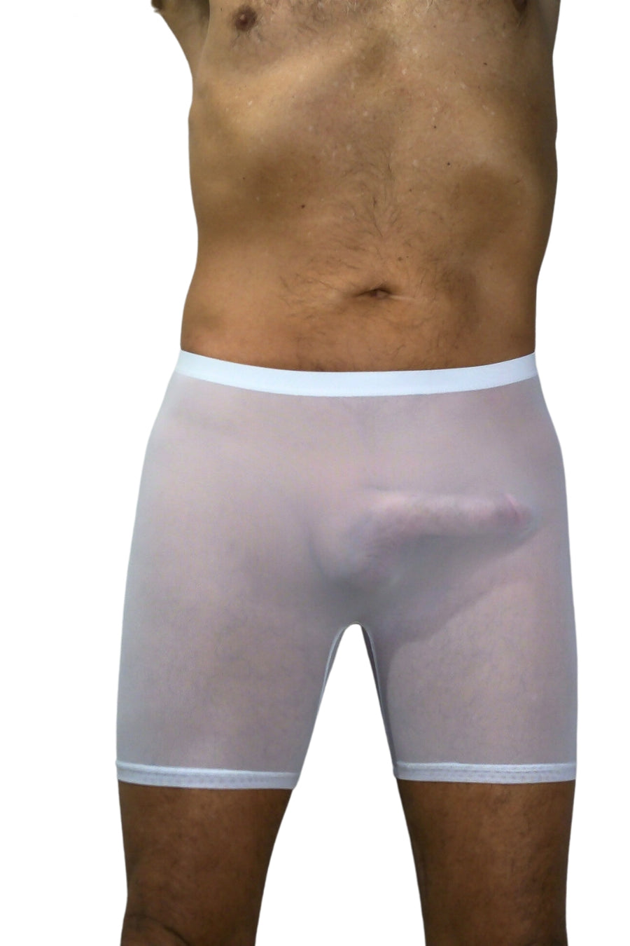Bodywear for Men Ultra Sheer High Waist Boxer Shorts #BfM-1042 made from a fine poly blend sheer material. Our Sheer Boxer shorts sit high on your waist, 4' long legs, seamless front with a center seamed rear in White