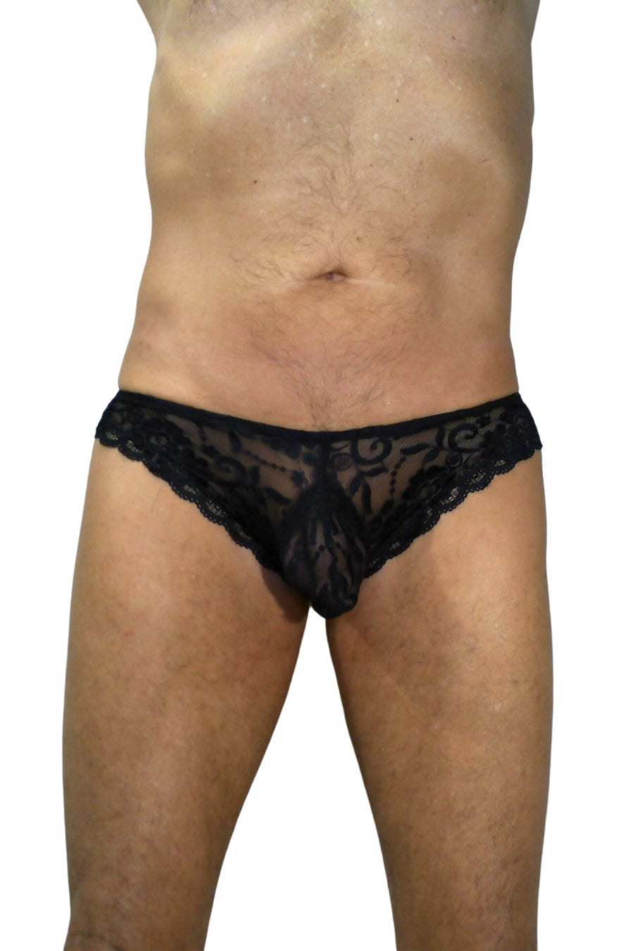 Full front view of Black Lace Brief. Model is 6'2" 190 pounds, 8 inches cut full shaved around genitals