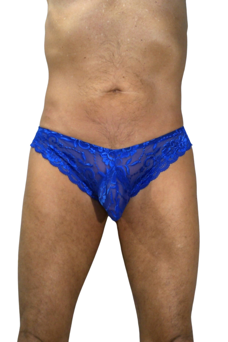 Full front view of Dark Blue Lace Brief. Model is 6'2" 190 pounds, 8 inches cut full shaved around genitals