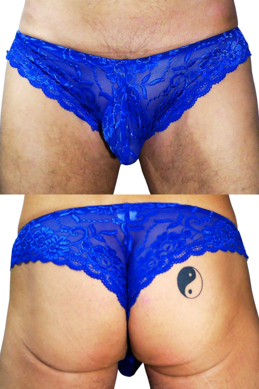 Dark Blue Lace Brief, front and back view collage