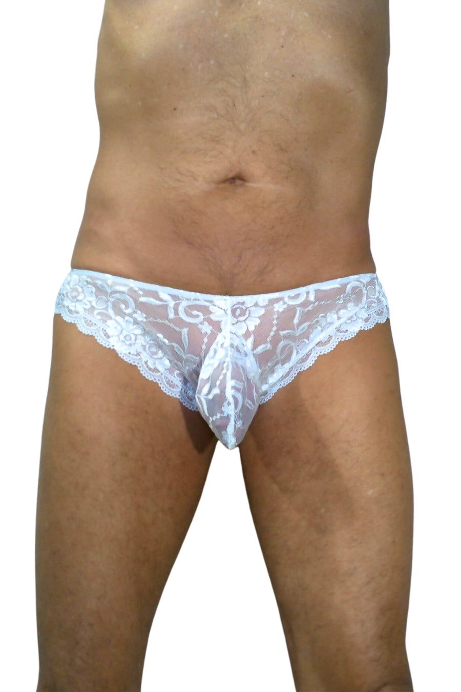 Full front view of White Lace Brief. Model is 6'2" 190 pounds, 8 inches cut full shaved around genitals