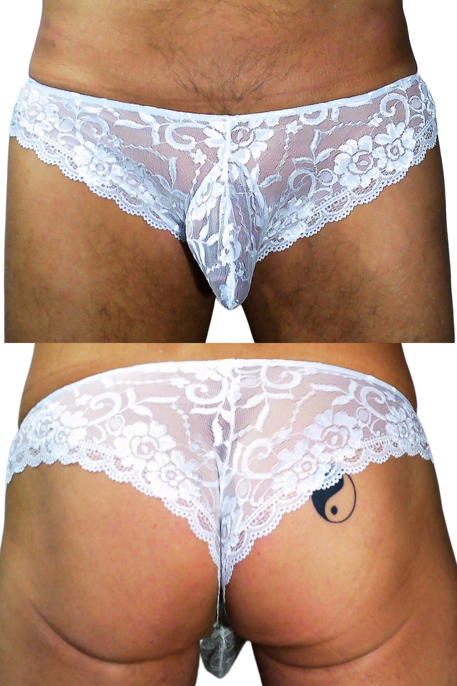 White Lace Brief, front and back view collage