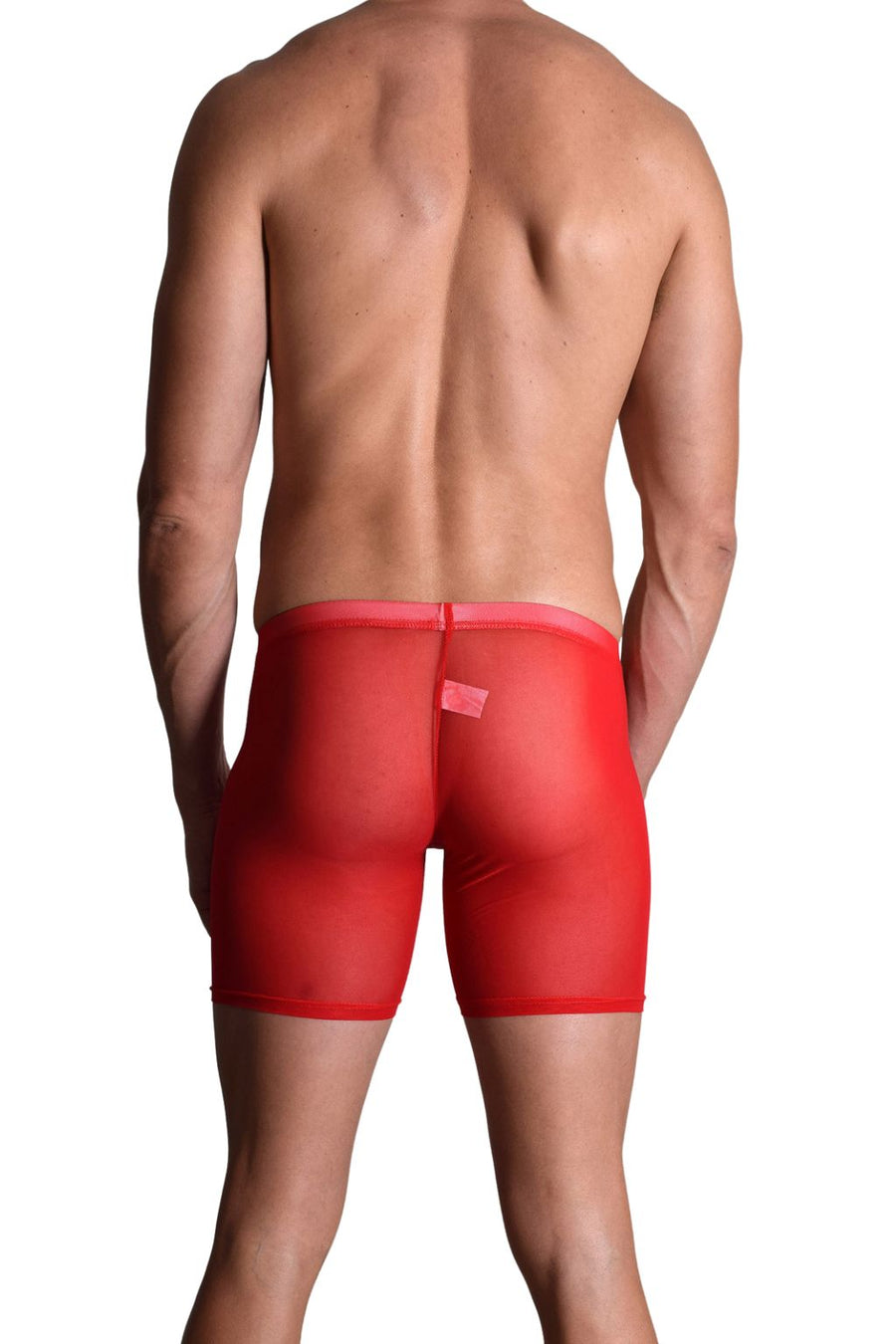 Bodywear for Men Ultra Sheer High Waist Boxer Shorts #BfM-1042 made from a fine poly blend sheer material. Our Sheer Boxer shorts sit high on your waist, 4' long legs, seamless front with a center seamed rear in Red