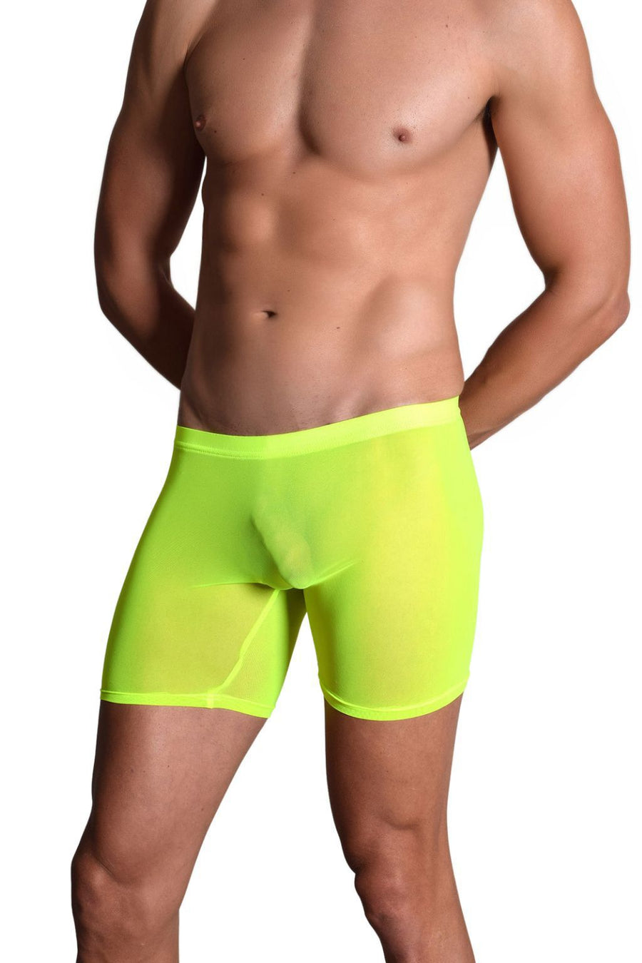 Bodywear for Men Ultra Sheer High Waist Boxer Shorts #BfM-1042 made from a fine poly blend sheer material. Our Sheer Boxer shorts sit high on your waist, 4' long legs, seamless front with a center seamed rear in Neon Green