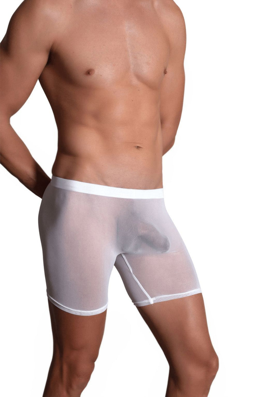 Bodywear for Men Ultra Sheer High Waist Boxer Shorts #BfM-1042 made from a fine poly blend sheer material. Our Sheer Boxer shorts sit high on your waist, 4' long legs, seamless front with a center seamed rear in  White