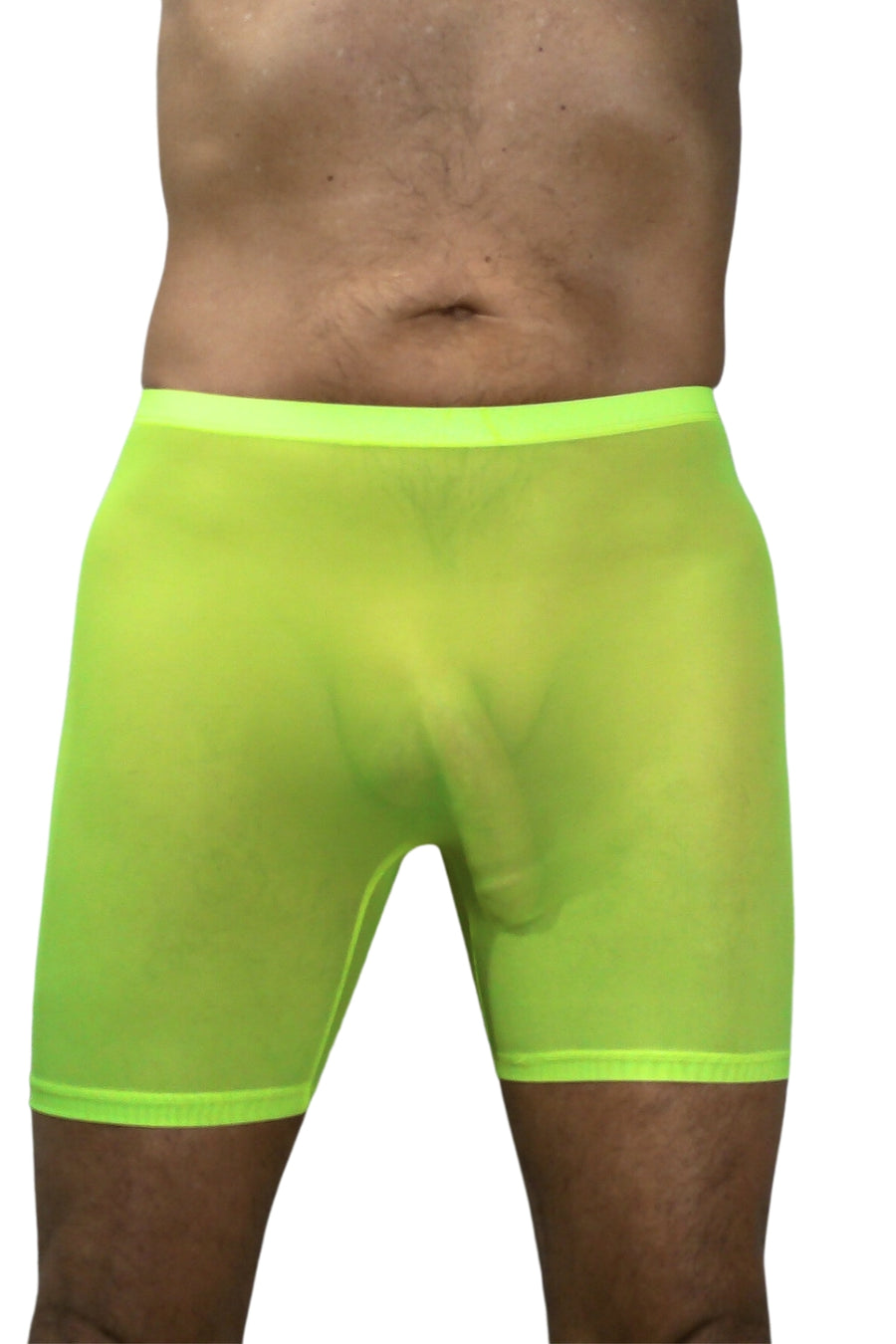 Bodywear for Men Ultra Sheer High Waist Boxer Shorts #BfM-1042 made from a fine poly blend sheer material. Our Sheer Boxer shorts sit high on your waist, 4' long legs, seamless front with a center seamed rear in Neon Green