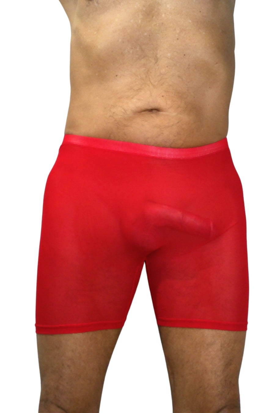 Bodywear for Men Ultra Sheer High Waist Boxer Shorts #BfM-1042 made from a fine poly blend sheer material. Our Sheer Boxer shorts sit high on your waist, 4' long legs, seamless front with a center seamed rear in Red