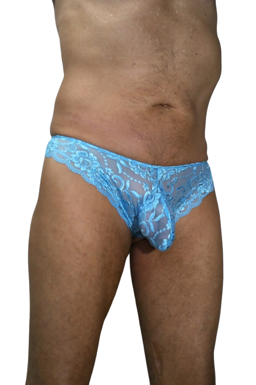 Baby Blue Lace Brief with a Brazillain cut back and a generous pouch designed for your genitals. Low rise design and see through.