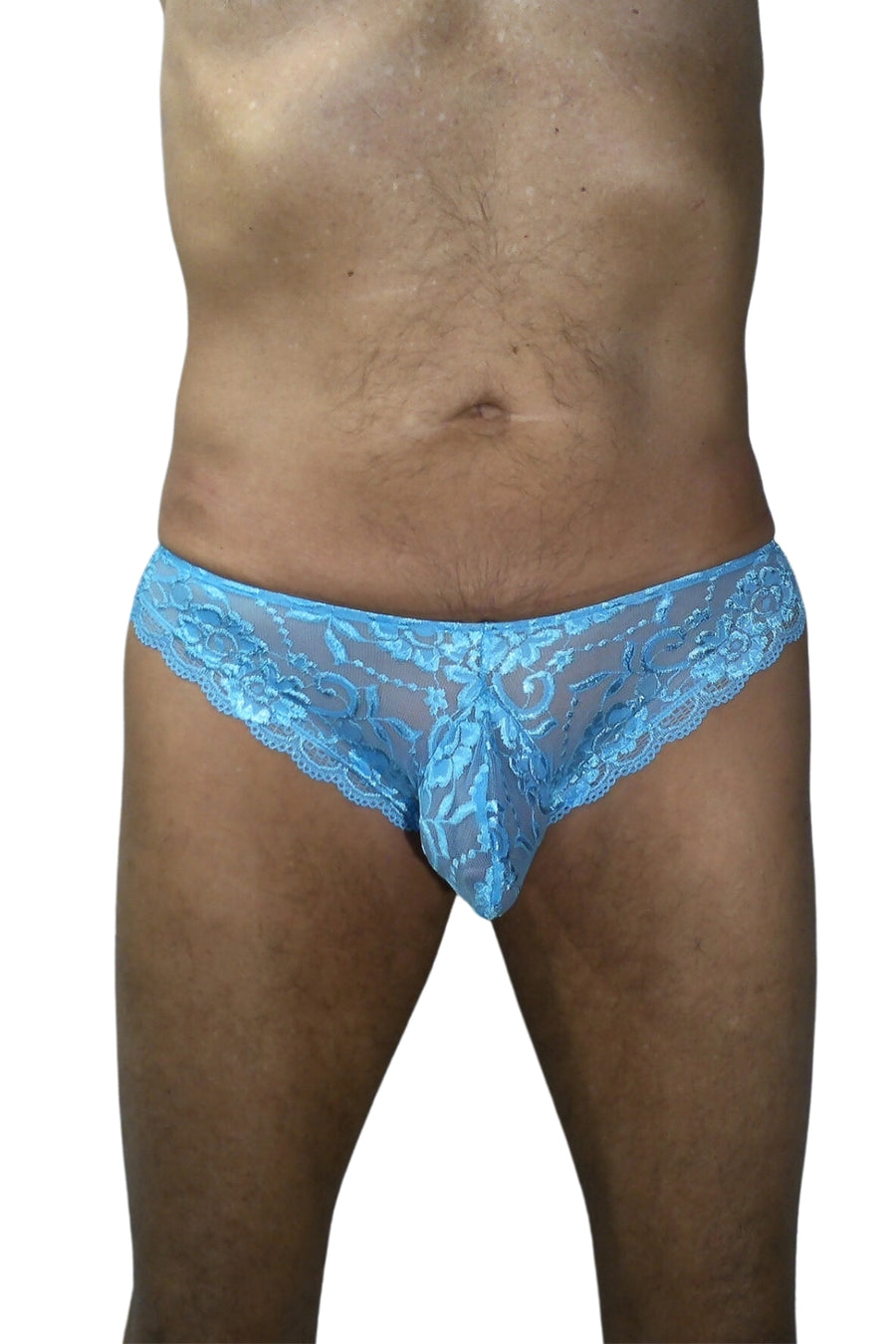 Full front view of Baby Blue Brief. Model is 6'2" 190 pounds, 8 inches cut full shaved around genitals