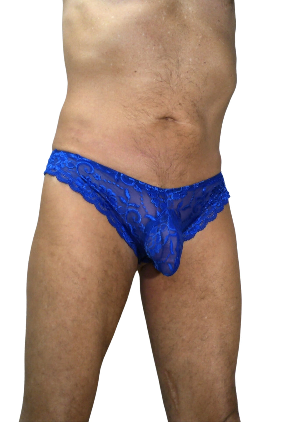 Dark Blue Lace Brief with a Brazillain cut back and a generous pouch designed for your genitals. Low rise design and see through.