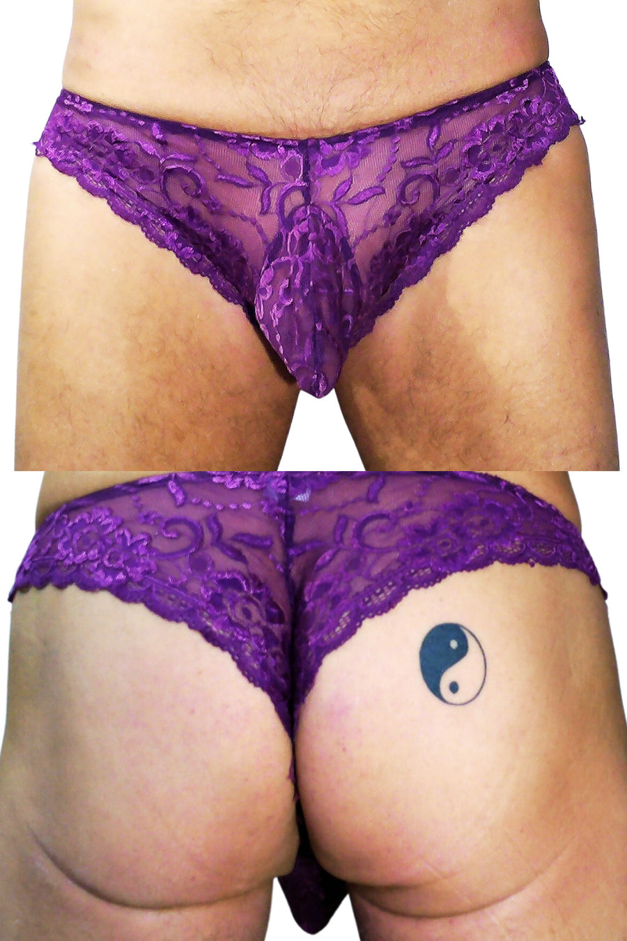 Purple Lace Brief, front and back view collage