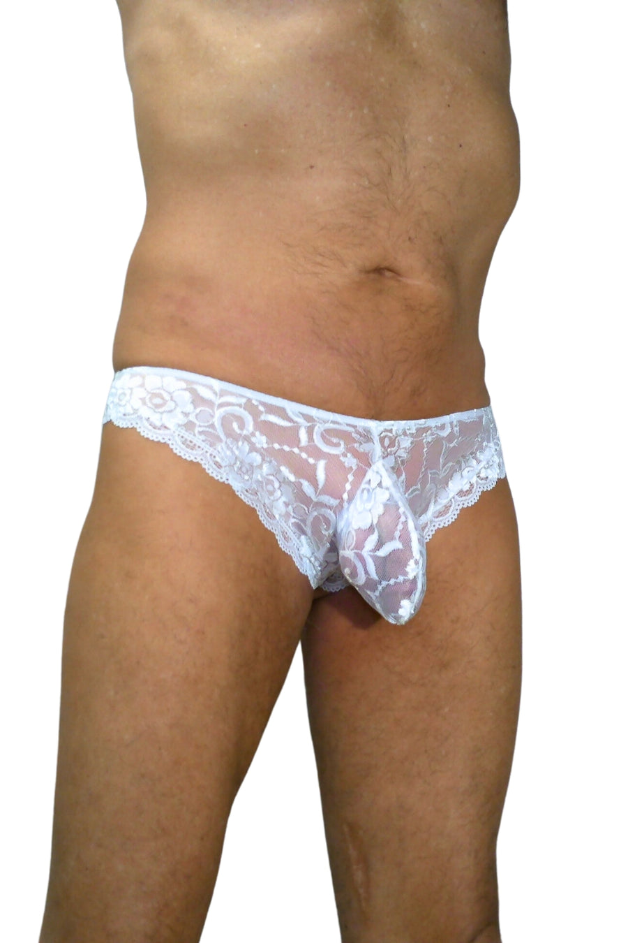 White Lace Brief with a Brazillain cut back and a generous pouch designed for your genitals. Low rise design and see through.