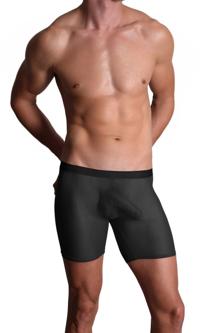 Bodywear for Men Ultra Sheer High Waist Boxer Shorts #BfM-1042 made from a fine poly blend sheer material. Our Sheer Boxer shorts sit high on your waist, 4' long legs, seamless front with a center seamed rear in Black
